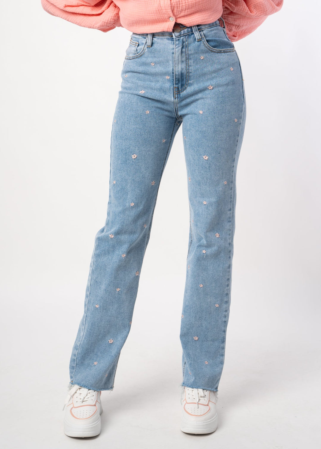 Straight Leg Jeans mit Blumenstickung - Hellblau