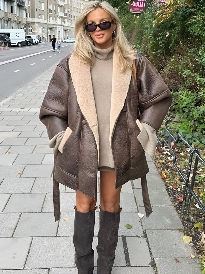 Belted shearling coat